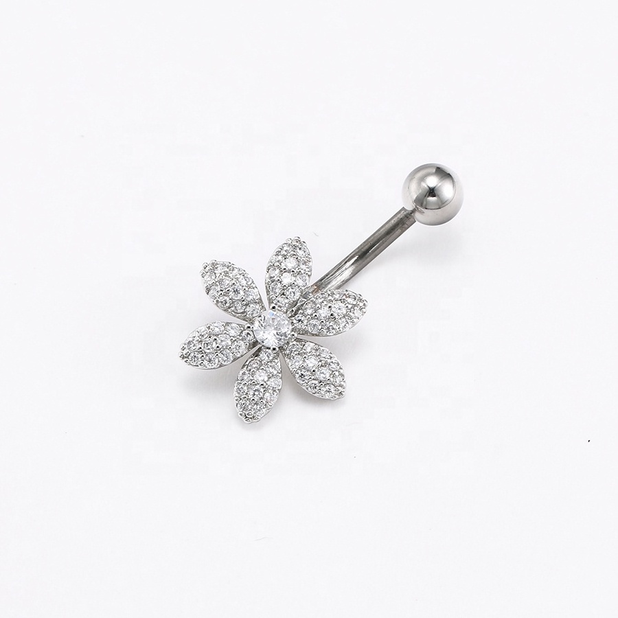 Wholesale 316L Surgical Steel Flower Paved Zirconia Stainless Steel Earrings Piercing Navel Ring Belly Jewelry Belly Button Ring