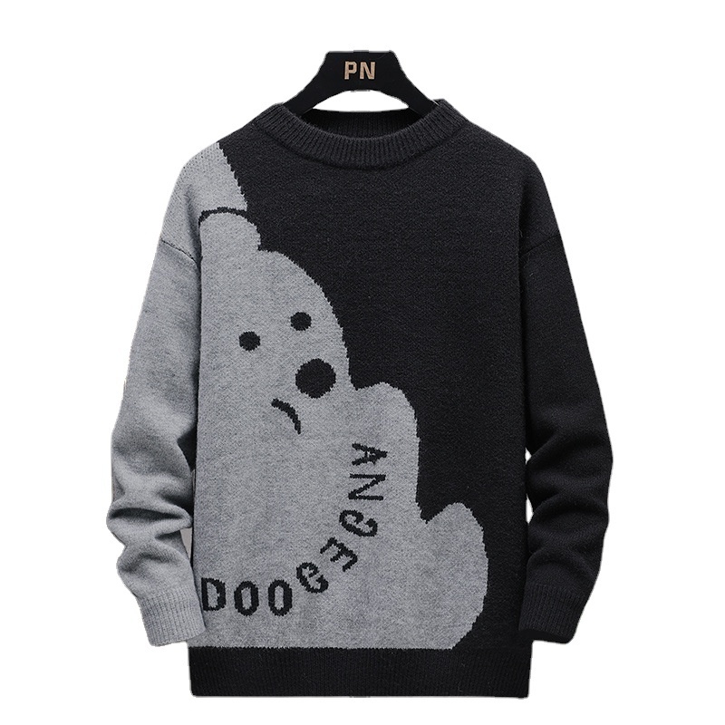 Winter lazy style plush and thick teddy bear jacquard sweater for men's 2024 new plus size knitted top