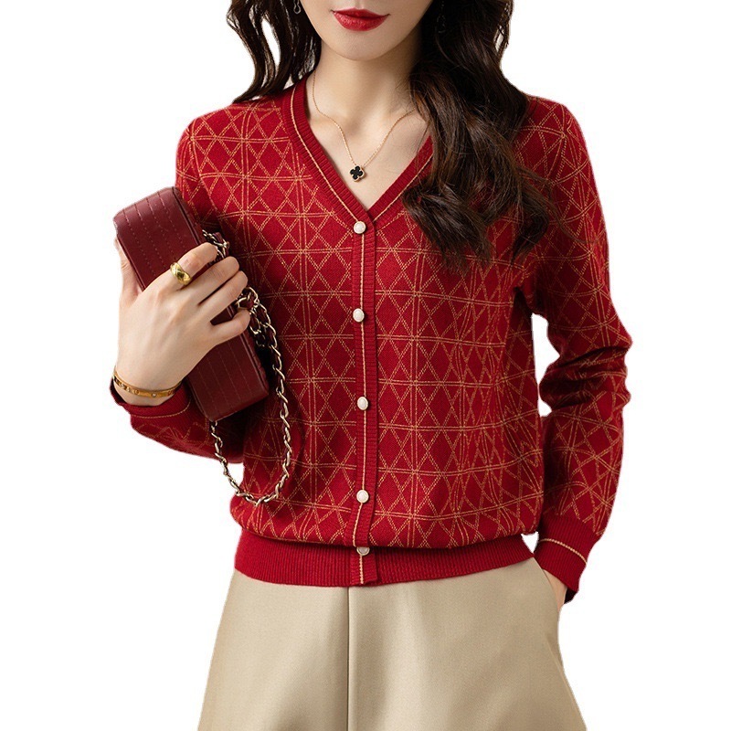 Oversize V-neck embroidery jacquard knitted ladies Cardigans With pockets cardigans sweater christmas tops for women