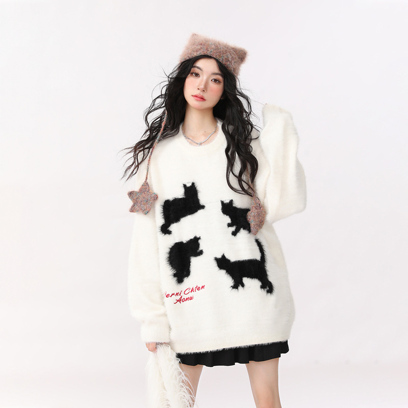 Sweet and cute little cat trendy sweater for women, loose and casual, versatile pullover sweater, winter women's clothing