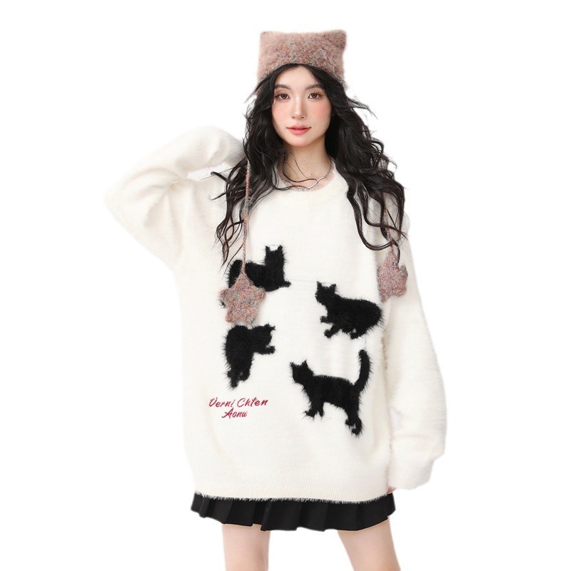 Sweet and cute little cat trendy sweater for women, loose and casual, versatile pullover sweater, winter women's clothing