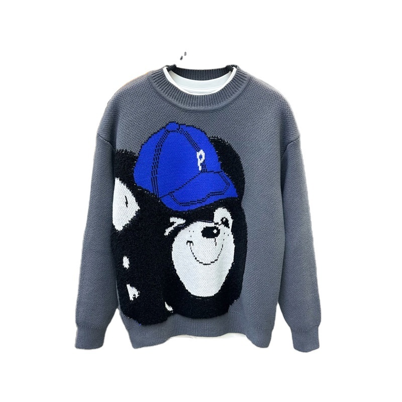 New men's winter loose sweater men's round neck teddy bear jacquard double layered thickened sweater trend