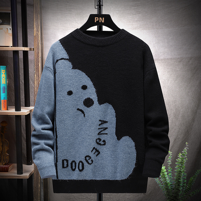 Winter lazy style plush and thick teddy bear jacquard sweater for men's 2024 new plus size knitted top