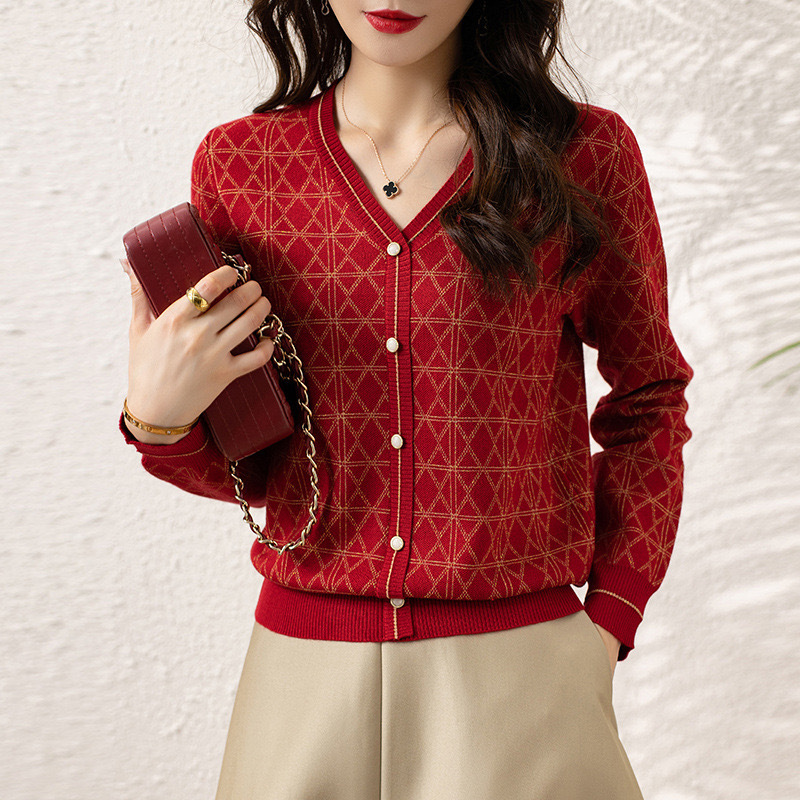 Oversize V-neck embroidery jacquard knitted ladies Cardigans With pockets cardigans sweater christmas tops for women