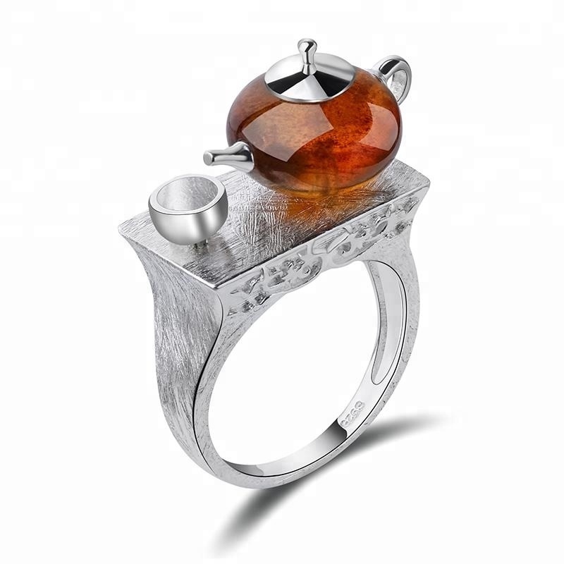 Vintage design 925 Sterling  silver Cute Teapot amber gemstone rings for women fine jewelry