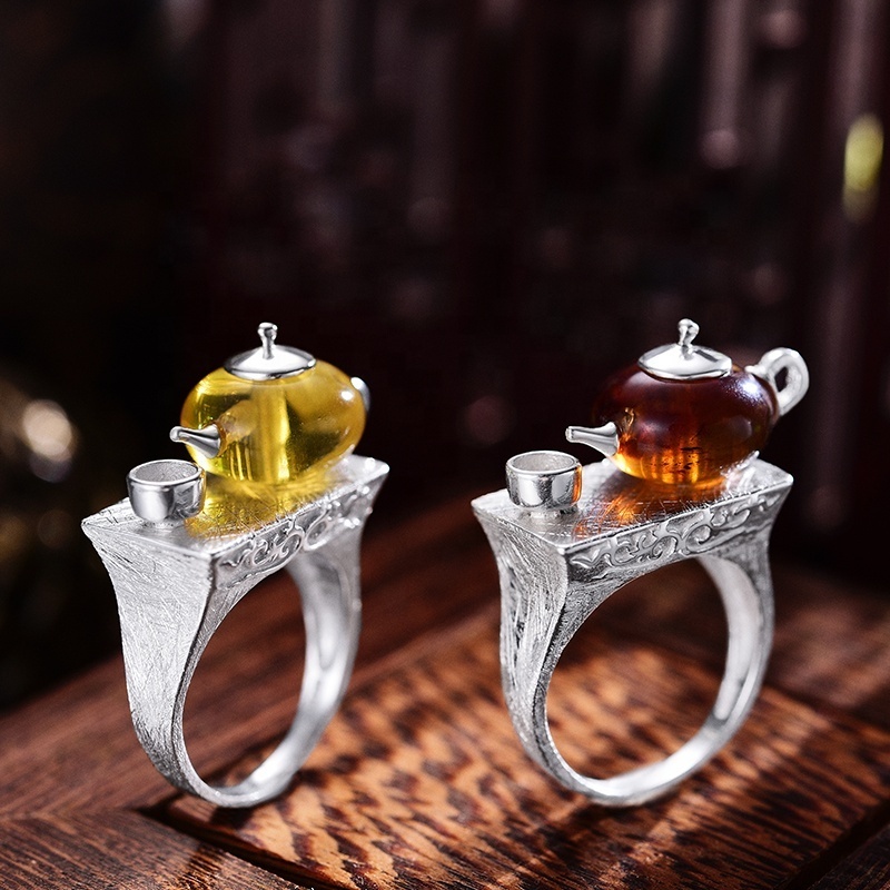 Vintage design 925 Sterling  silver Cute Teapot amber gemstone rings for women fine jewelry