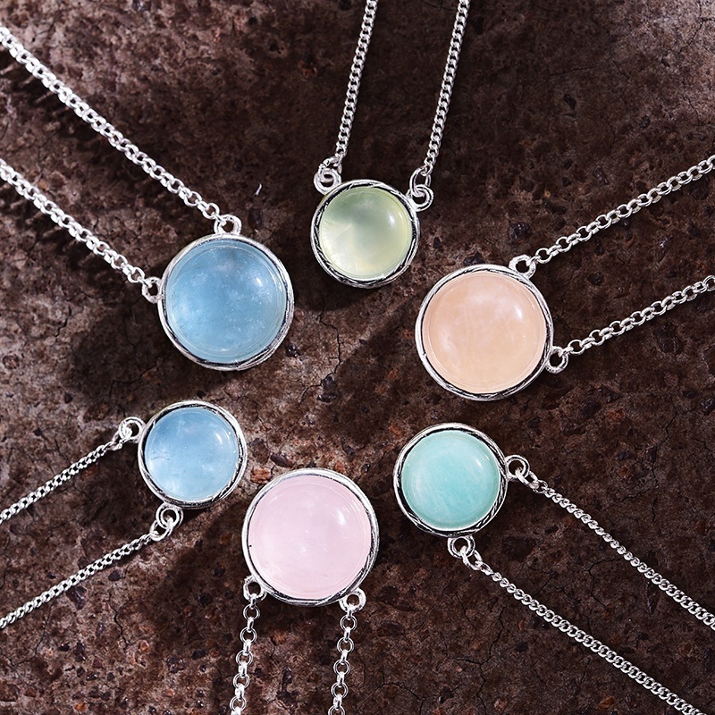 Wholesale Trendy 925 Silver Natural Candy Color Gemstones Classic Round Women Stone Pendant Necklace