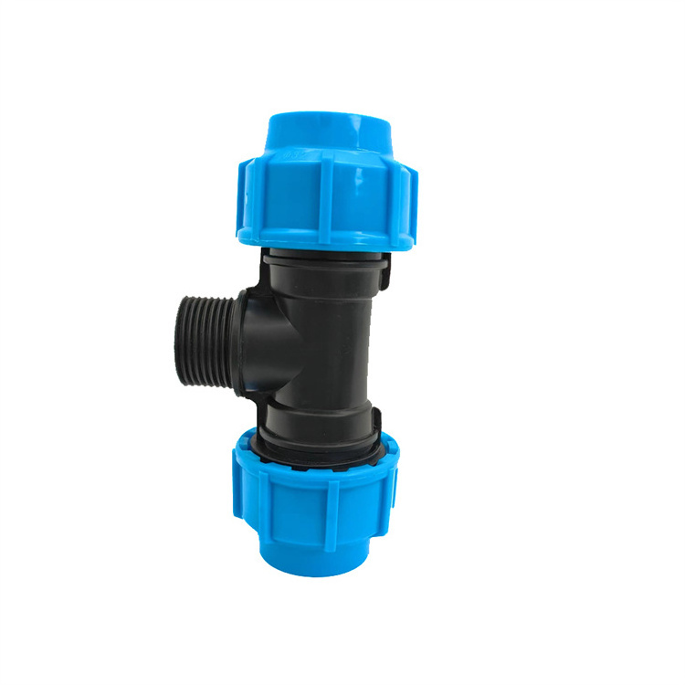 Male Tee PP water pipe fittings PE hdpe irrigation compression plastic tube 3 way