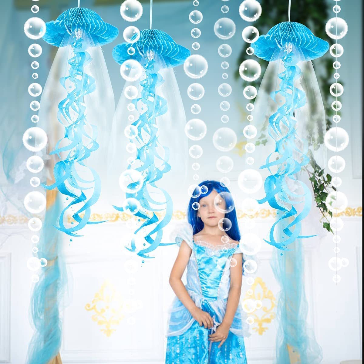 Blue Jellyfish Bubble Garland White Transparent Bubble Streamers For Ocean Theme Party Decoration Holiday Home Party Baby Shower