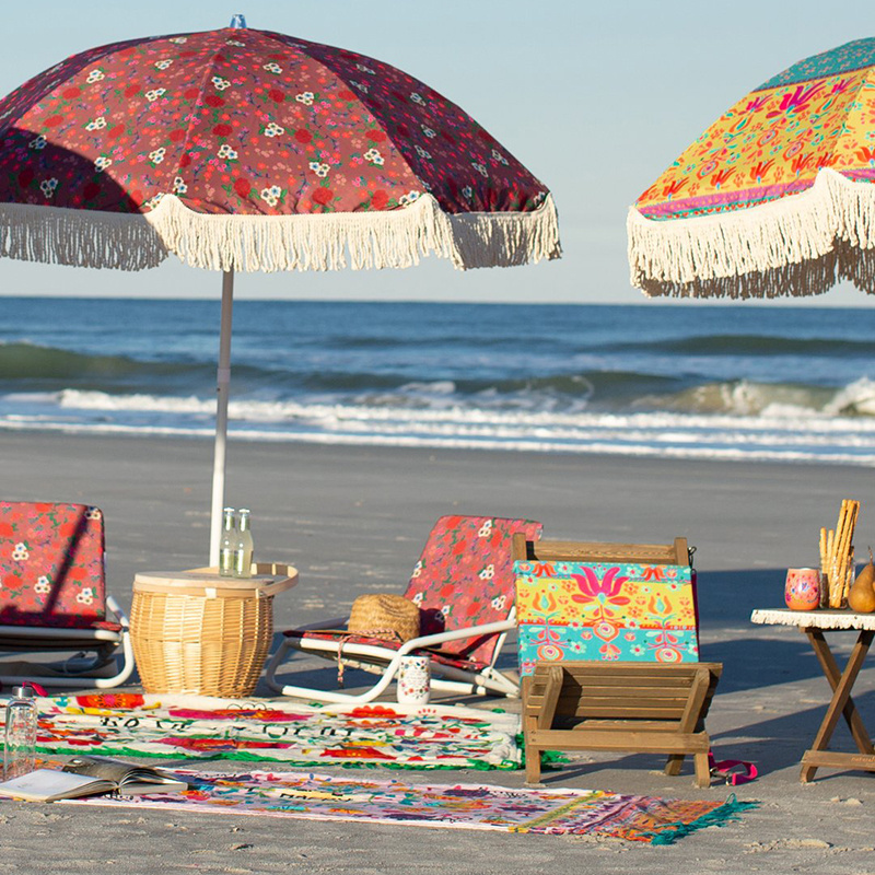 wholesale Wooden Round Luxury Fringe White Premium Cotton Beach Umbrella