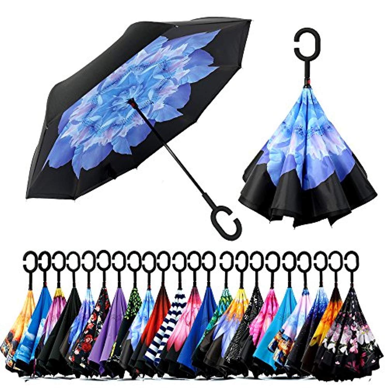 Wholesale Supplier 23 Inch Custom Blue Peacock C Handle Automatic Car Outdoor Double Layer Folding Reverse Inverted Umbrella