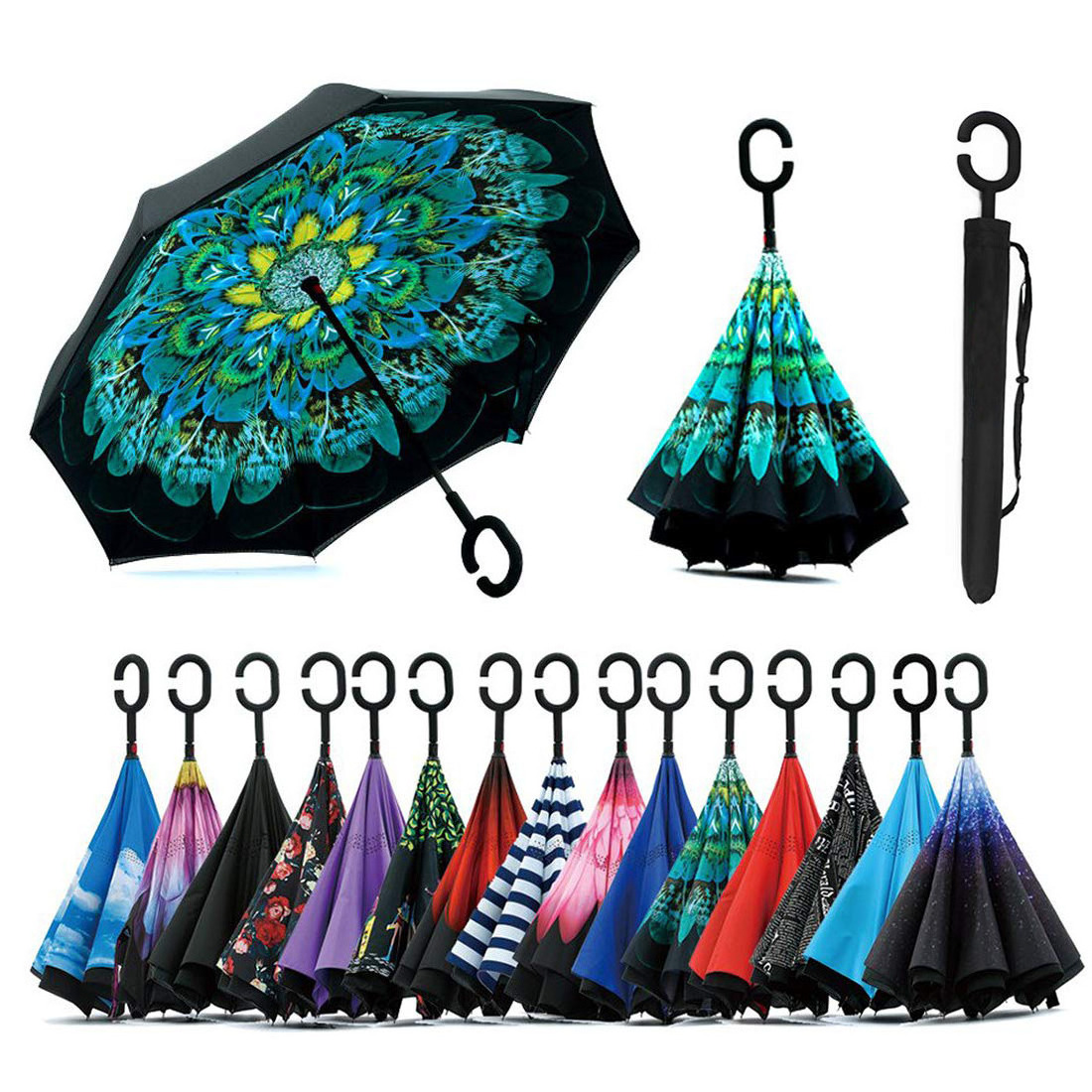 Wholesale Supplier 23 Inch Custom Blue Peacock C Handle Automatic Car Outdoor Double Layer Folding Reverse Inverted Umbrella