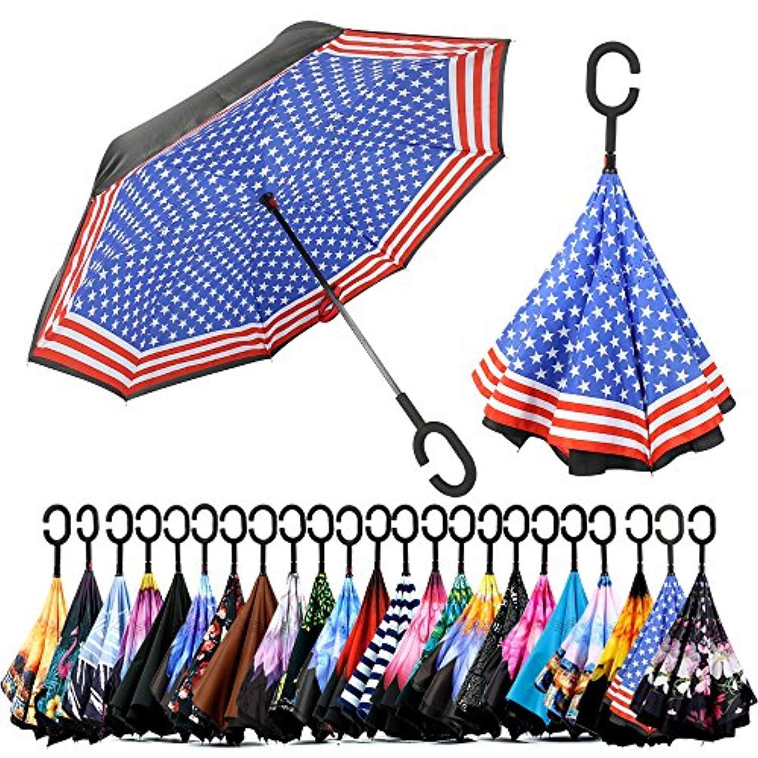 Wholesale Supplier 23 Inch Custom Blue Peacock C Handle Automatic Car Outdoor Double Layer Folding Reverse Inverted Umbrella