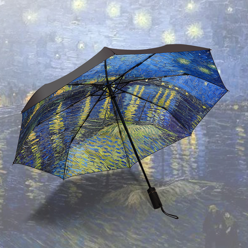 Umbrellas 23inch Uv Van Gogh Oil Painting Pattern Auto Open And Close Folding Umbrella