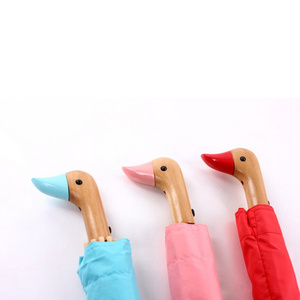 LOTUS Good Quality Custom Umbrellas Two Fold umbrella Wooden Duck Head Handle Sunny umbrella with Logo