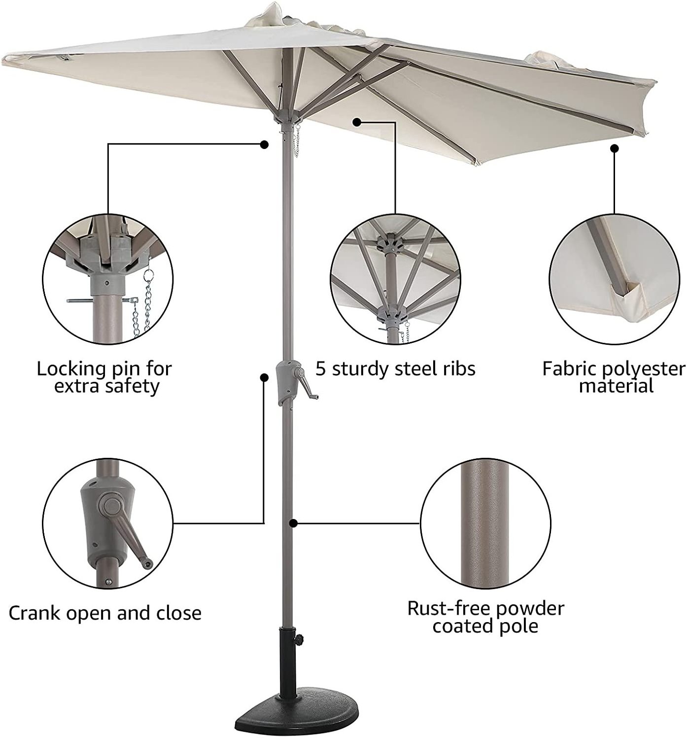 Half Round Patio Outdoor Umbrella with Crank for Deck Balcony Garden or Terrace Shade Cream White