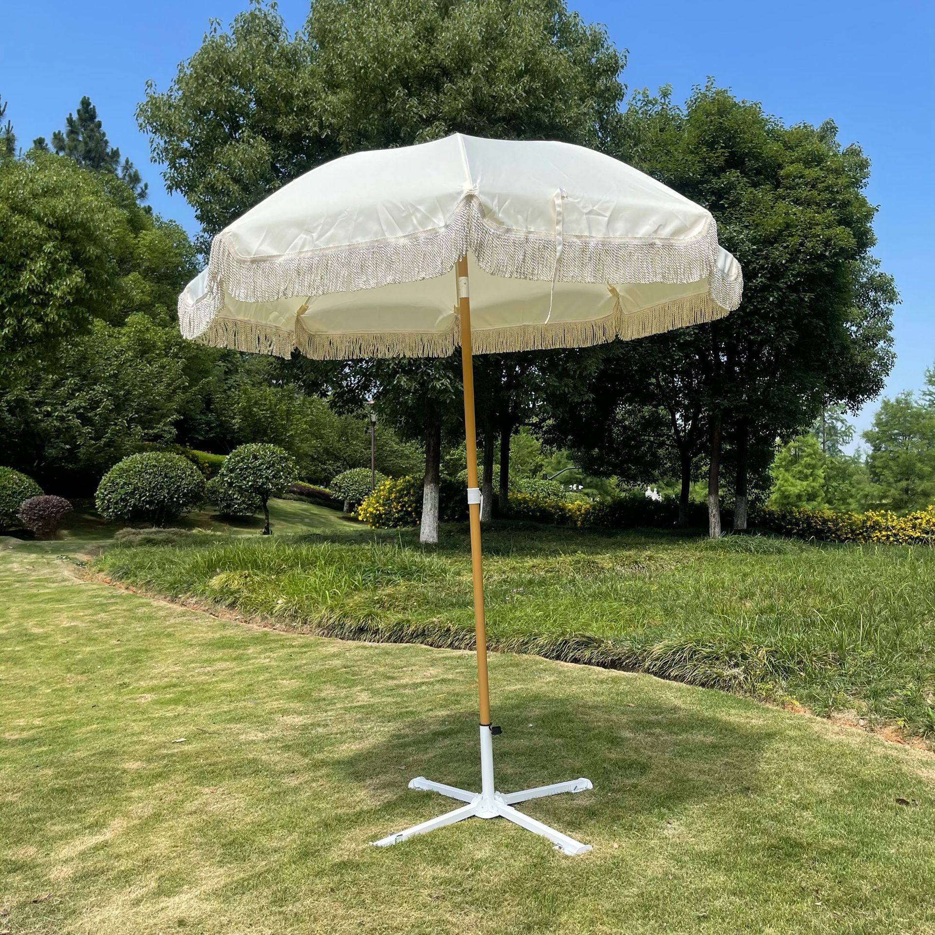 Custom Luxury Portable 8 Feet Parasol, Vintage Boho Wooden Pole Canvas Tassels The Premium Beach Umbrella Lauren'S Pink Stripe