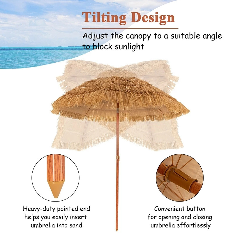 6.5 ft Portable Thatched Tiki Beach Umbrella Adjustable Tilt Sturdy Frame Premium Polyester Fabric Poolside Backyard Umbrellas