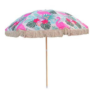 2022 Sun Knitted Tassel aluminium portable Outdoor Flamingo Umbrella Fringe Beach Umbrella With Tilt and Tassels