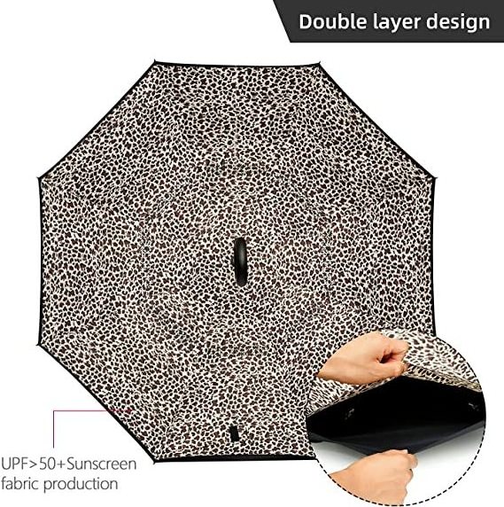 Lotus Customized Color Inside Inverted Parasol Leopard Print Rain Proof Portable Straight Umbrella