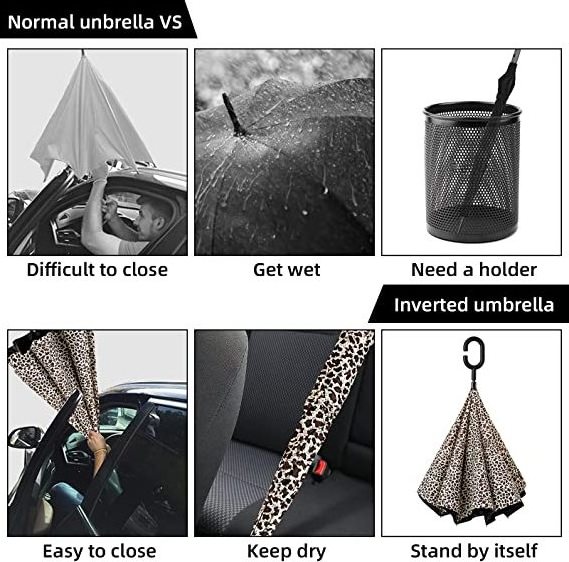 Lotus Customized Color Inside Inverted Parasol Leopard Print Rain Proof Portable Straight Umbrella