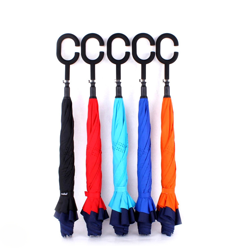 Wind Resistant Hands Free Inside Out C Handle Smart Upside-Down Double Layer Windproof Reverse Inverted Umbrella For The Rain