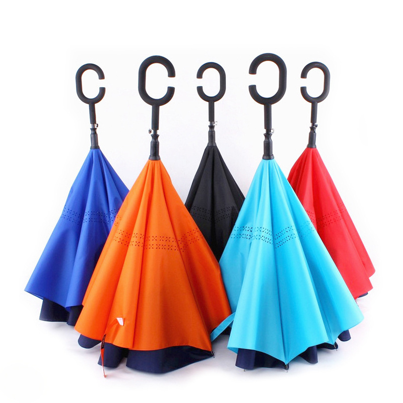 Wind Resistant Hands Free Inside Out C Handle Smart Upside-Down Double Layer Windproof Reverse Inverted Umbrella For The Rain