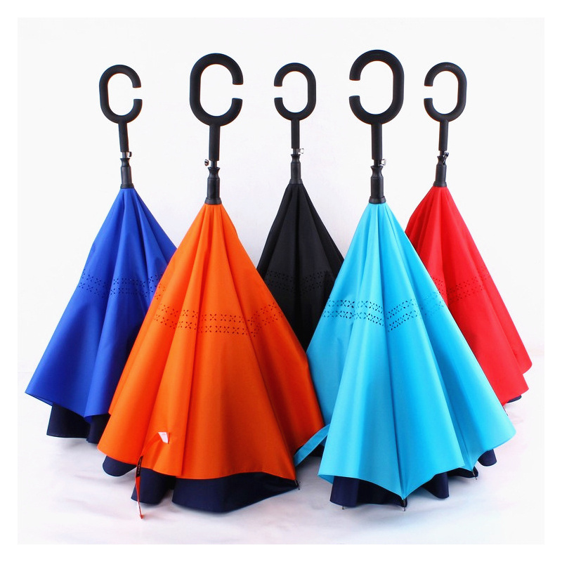 Wind Resistant Hands Free Inside Out C Handle Smart Upside-Down Double Layer Windproof Reverse Inverted Umbrella For The Rain