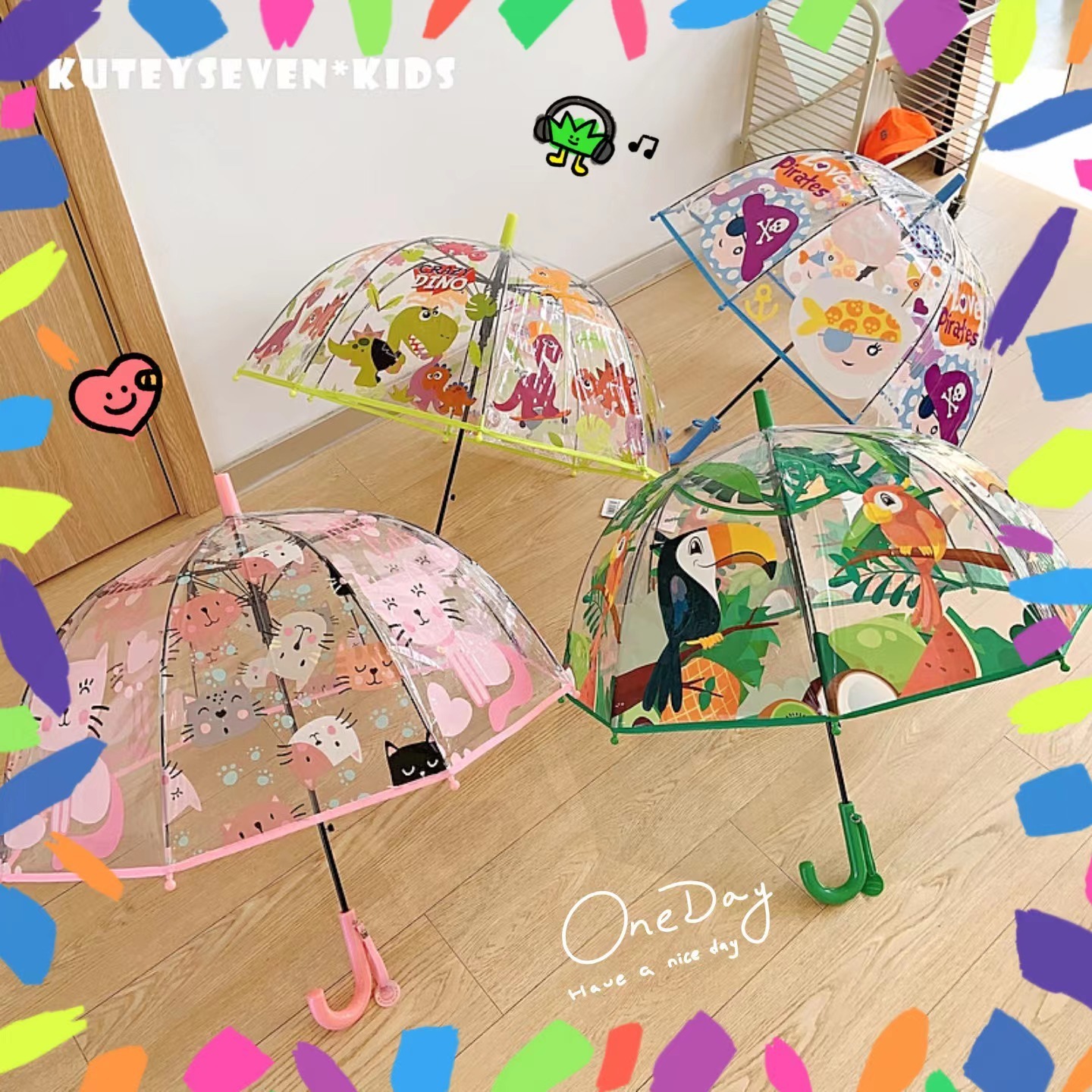 Children's Cartoon Rain Folding Full Automatic Windproof Clear Straight Umbrellas For Boys And Girls Cheap Rain Gear