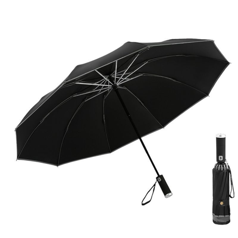 Cheap 23 Inch 10 Ribs Business Gifts 3 Fold Inverted Reverse Reflective Led Light Handle Automatic Umbrella With Logo Print