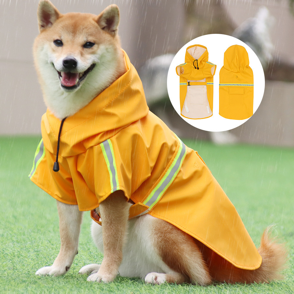 Hot Sale Pet Yellow Stripe Large Dog Raincoat With Hood Large Dog Rain Coat Jacket Reflective Adjustable Pet Dog Raincoat