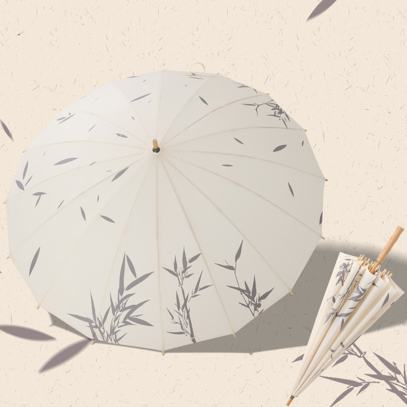 Chinese Retro Style Bamboo Umbrella with 16 Bone Long Handle and Bamboo Leaf National Tide Straight Pole for Wind Sun Rain