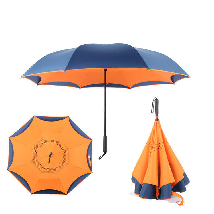 High Quality Custom Windproof Waterproof Reverse Double Umbrella Manual Double Layer Inverted Reverse Umbrellas with Logo