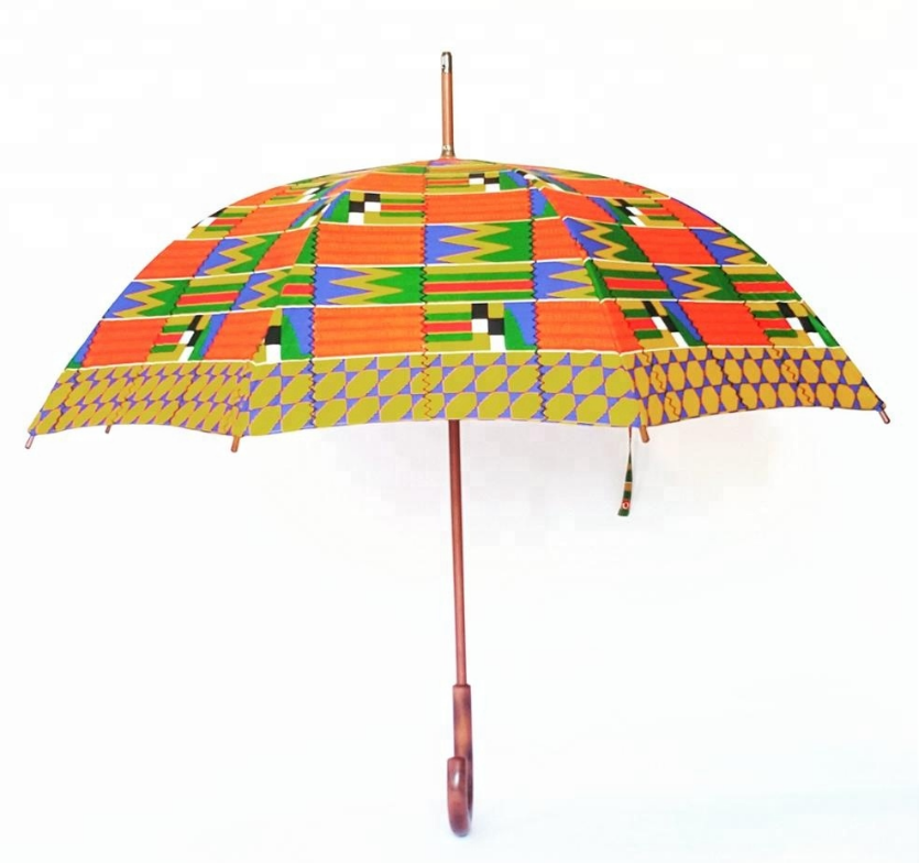 New Design African Umbrella Windproof UV Ankara Printing Sun Umbrella with Wood Handle