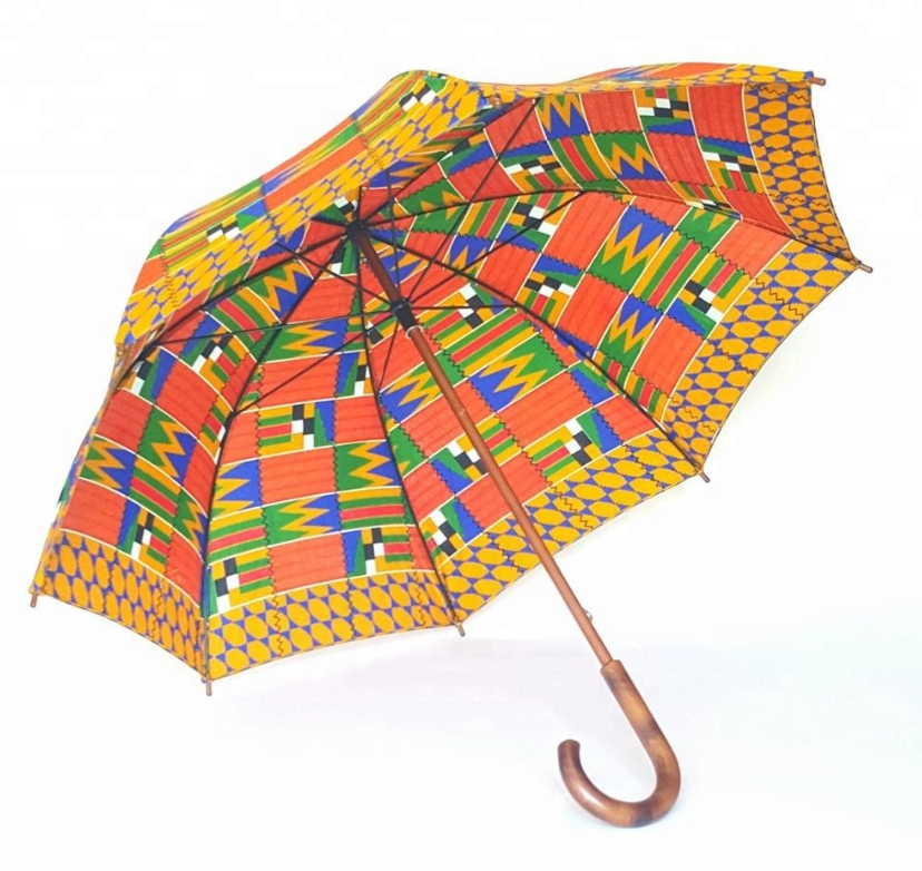 New Design African Umbrella Windproof UV Ankara Printing Sun Umbrella with Wood Handle