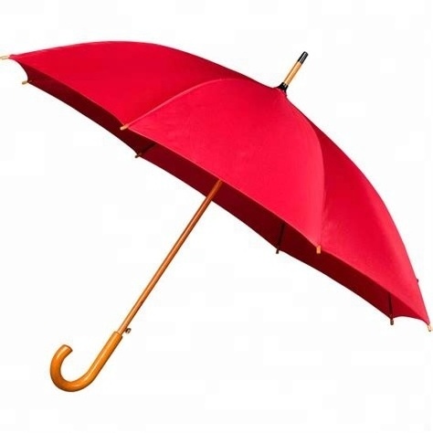 Wholesale price 23 inch iridescent Fiberglass Aluminium Frame Red Umbrella with Wood Handle