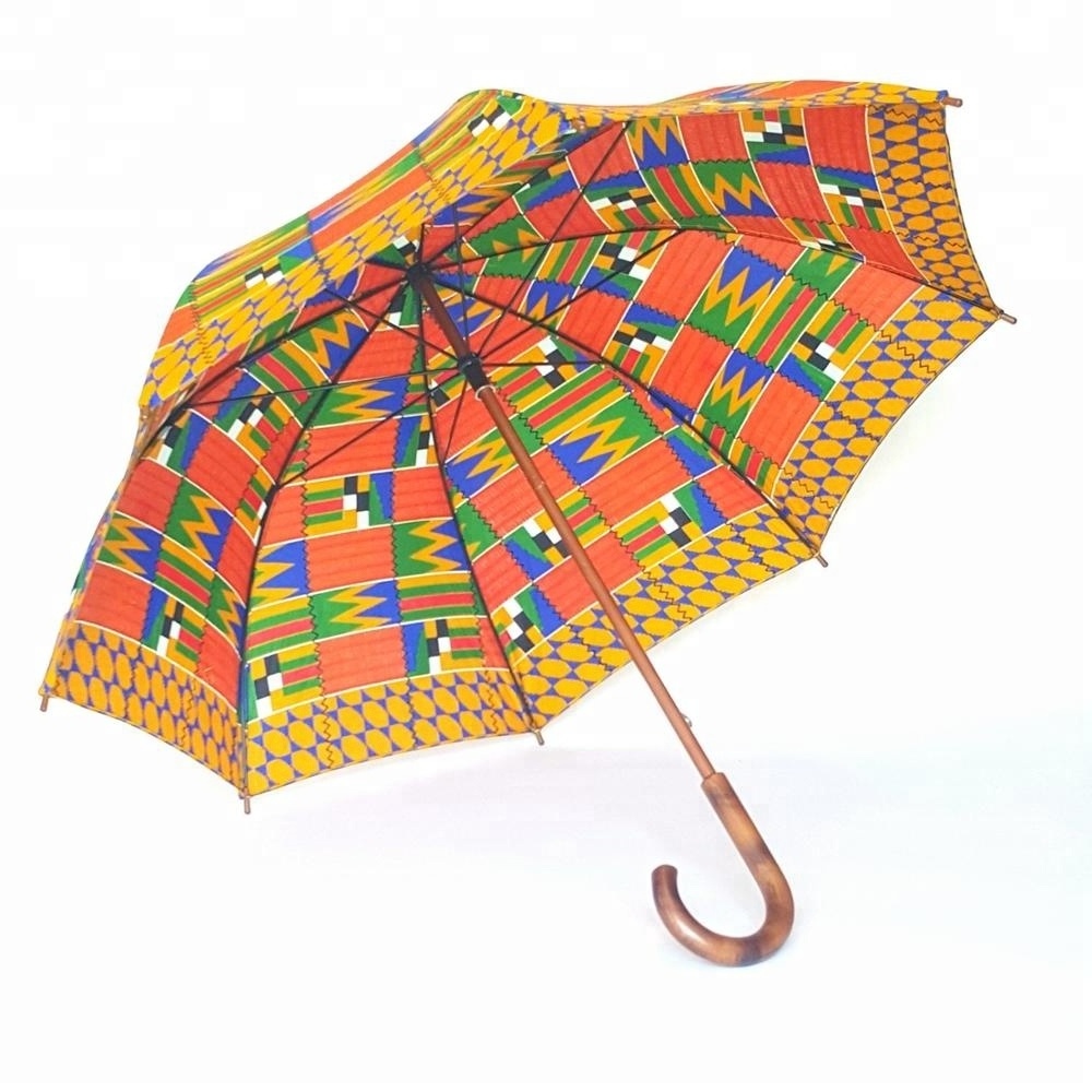 New Design African Umbrella Windproof UV Ankara Print Umbrellas Kente Printing Sun Umbrella with Wood Handle