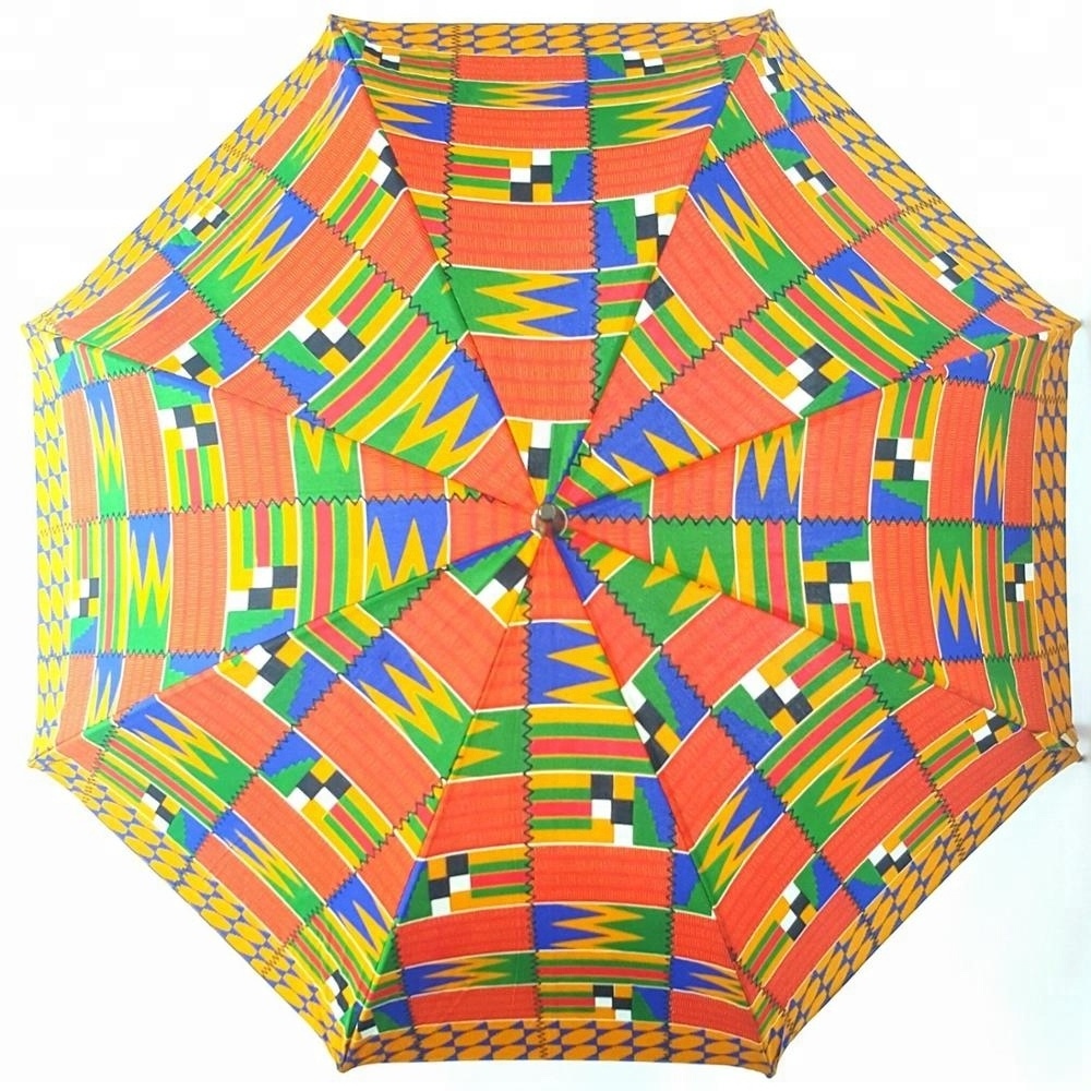 New Design African Umbrella Windproof UV Ankara Print Umbrellas Kente Printing Sun Umbrella with Wood Handle