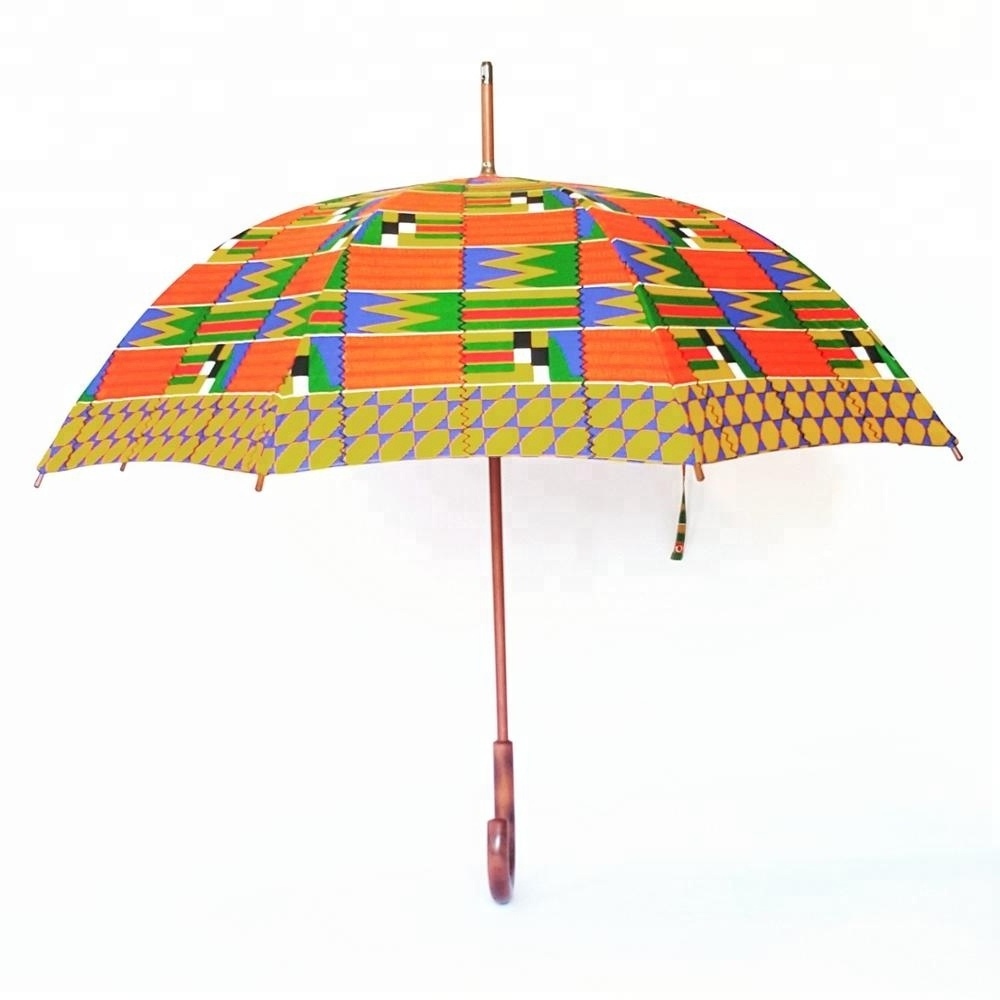 New Design African Umbrella Windproof UV Ankara Print Umbrellas Kente Printing Sun Umbrella with Wood Handle