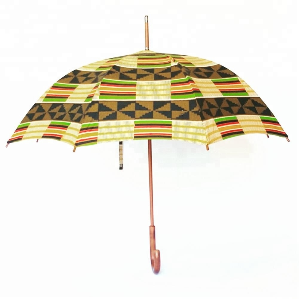 New Design African Umbrella Windproof UV Ankara Print Umbrellas Kente Printing Sun Umbrella with Wood Handle