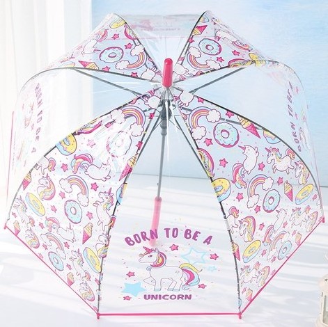 Promotional Simple Fashion Auto 0pen Transparent Lovely Unicorn Children Long Handle Clear Umbrella