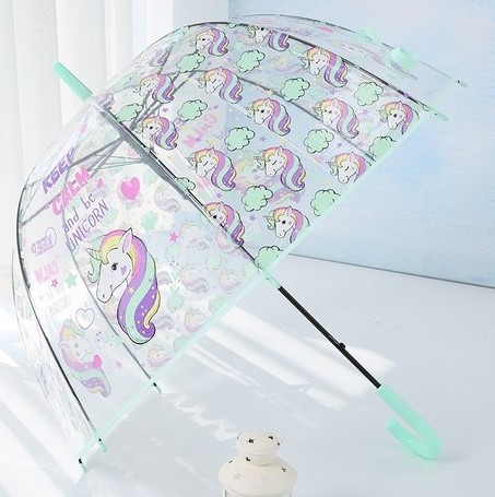 Promotional Simple Fashion Auto 0pen Transparent Lovely Unicorn Children Long Handle Clear Umbrella