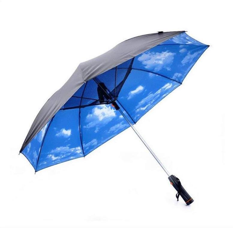 New invention nylon fanbrella straight  umbrella with fan and water  fabric