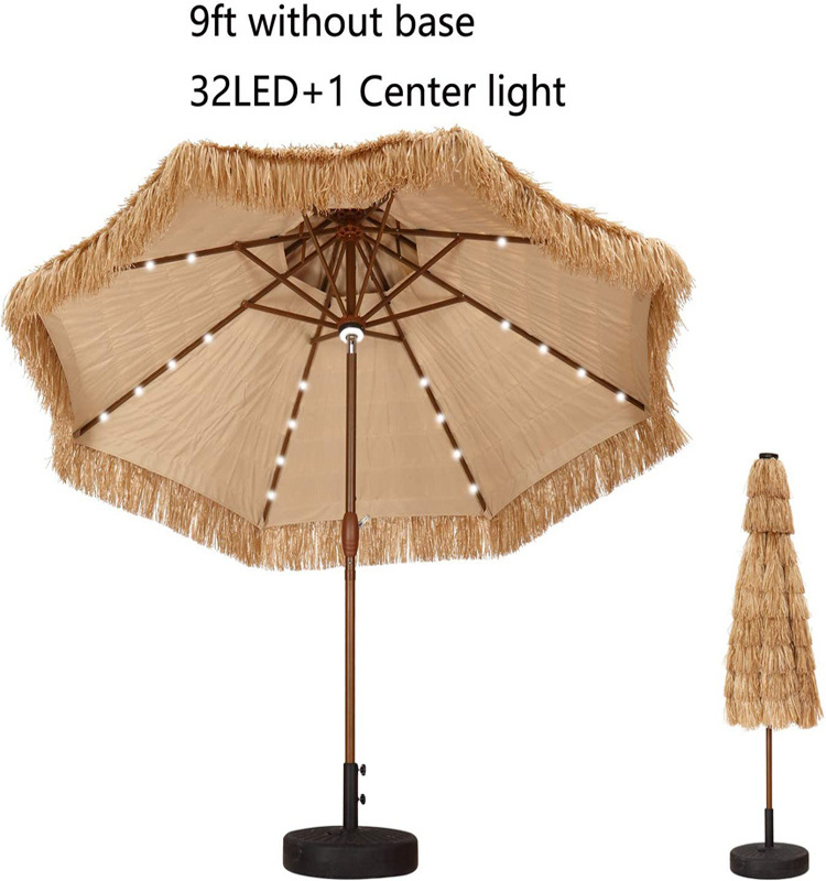 Hot sale Pp Glass Led Lights Parasol Crank Straw Umbrella with 8 Ribs Steel Pole