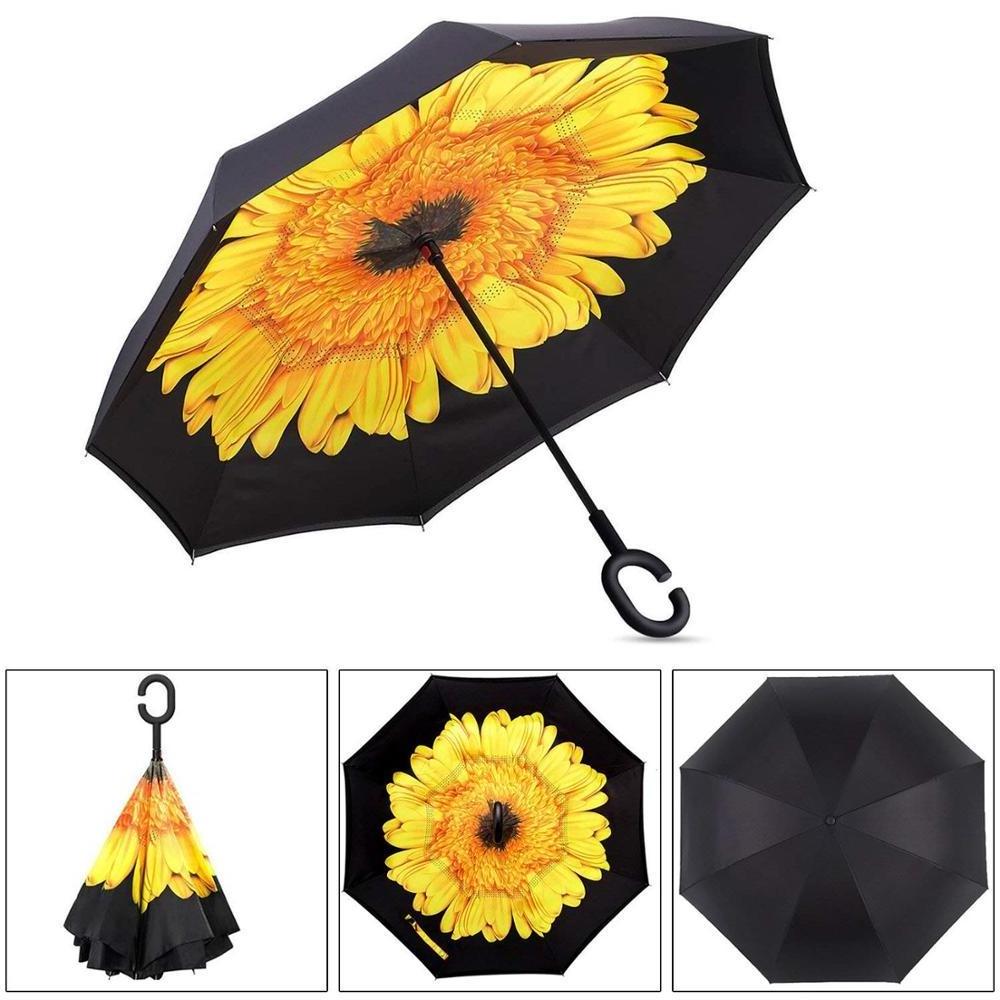 2023 Fashion Innovative Trending  Double Layer Upside Down Windproof Fiber Glass Sunflower Printing Inverted Umbrella