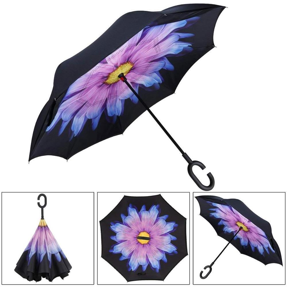 2023 Fashion Innovative Trending  Double Layer Upside Down Windproof Fiber Glass Sunflower Printing Inverted Umbrella