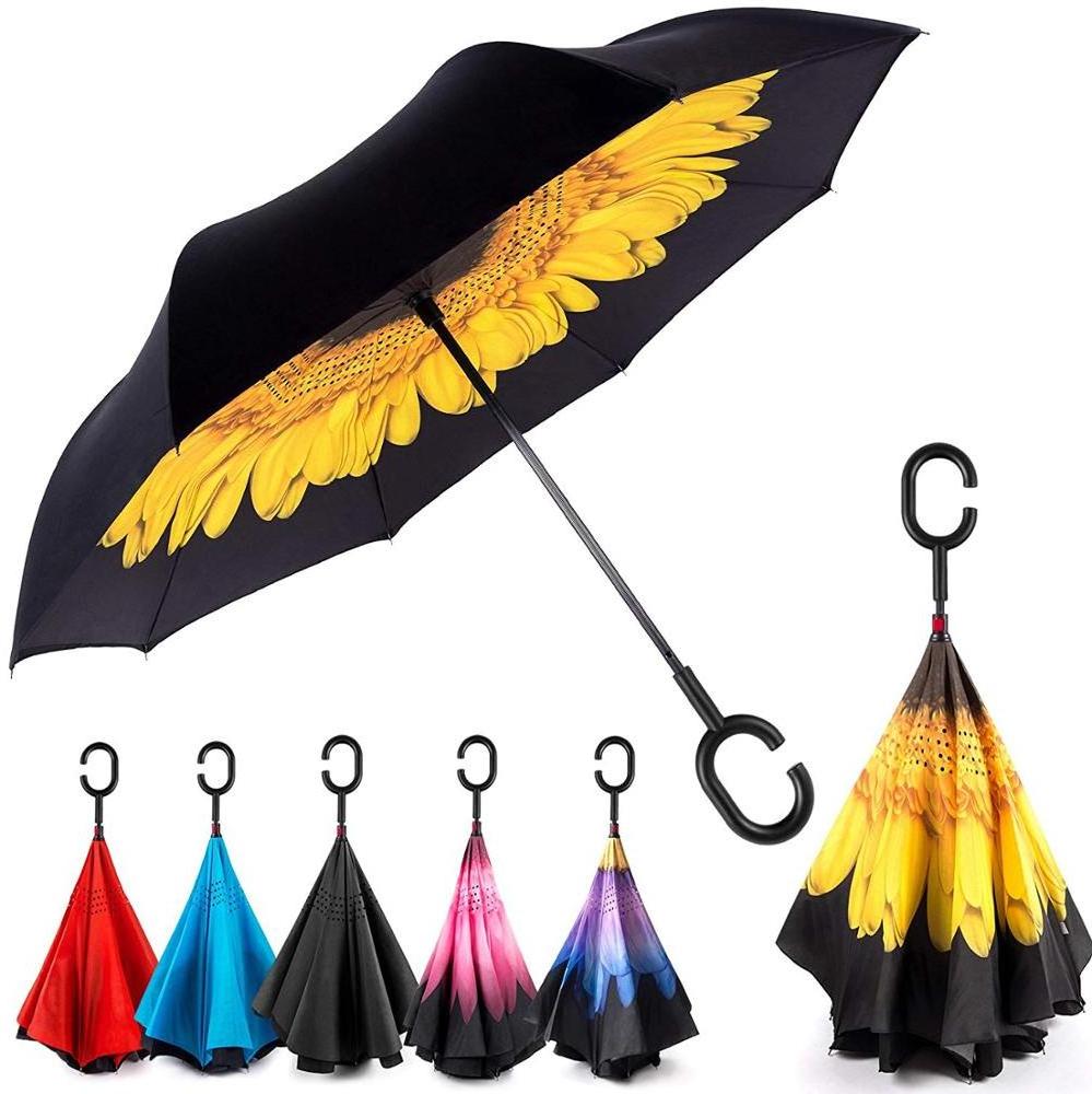 2023 Fashion Innovative Trending  Double Layer Upside Down Windproof Fiber Glass Sunflower Printing Inverted Umbrella