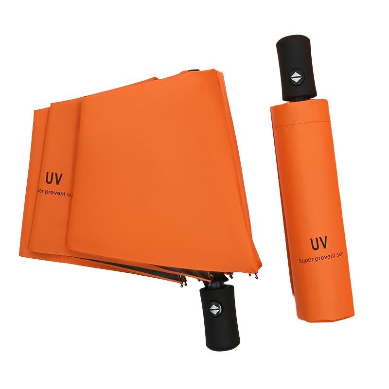 2024 China Cheap Promotional Orange 3 Uv Fold Wood 16 Ribs Handle Pure Rain Automatic Plain Umbrella With Rope