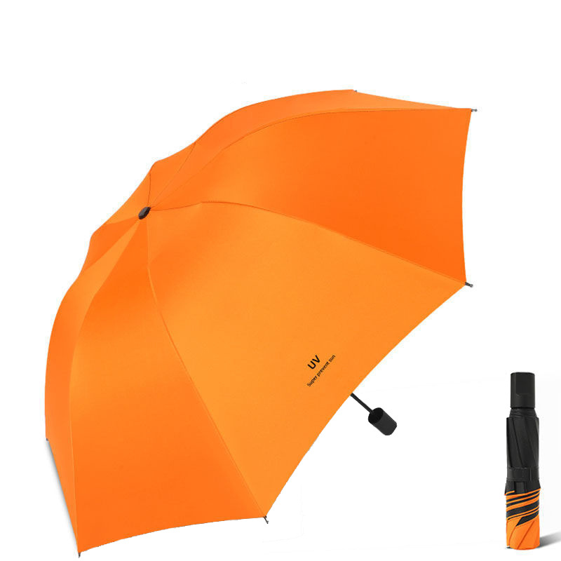 2024 China Cheap Promotional Orange 3 Uv Fold Wood 16 Ribs Handle Pure Rain Automatic Plain Umbrella With Rope