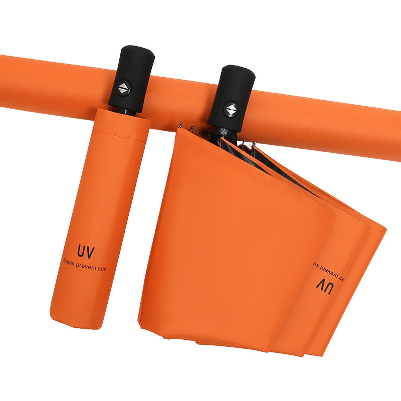 2024 China Cheap Promotional Orange 3 Uv Fold Wood 16 Ribs Handle Pure Rain Automatic Plain Umbrella With Rope